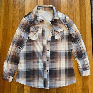 Womens Casual Cuffed Long Sleeve Boyfriend Button Down Plaid Flannel Shirt, Sz S